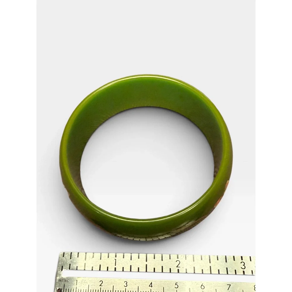 Vintage Tested Bakelite Bangle Bracelet Green Floral Hand Painted